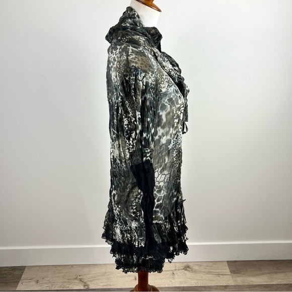 Puli Leopard Print Ruffle Tunic Dress L Sheer Boho Layered Hem Animal Print Top - Picture 9 of 10